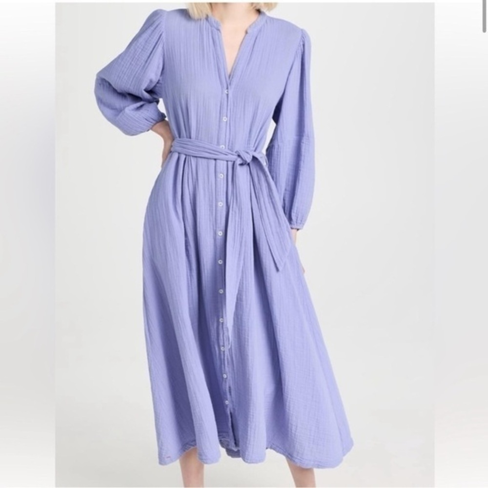XiRENA Selene Midi Dress Purple Cotton Gauze Button Front Tie Waist Size M - Picture 2 of 2